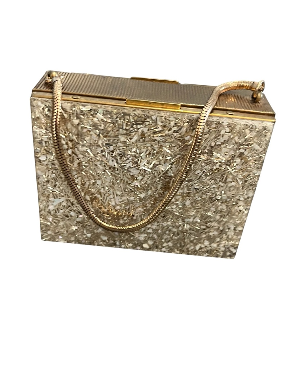 Zell Fifth Avenue Compact Purse Gold Toned And Lucite Art Deco Glitter Chain